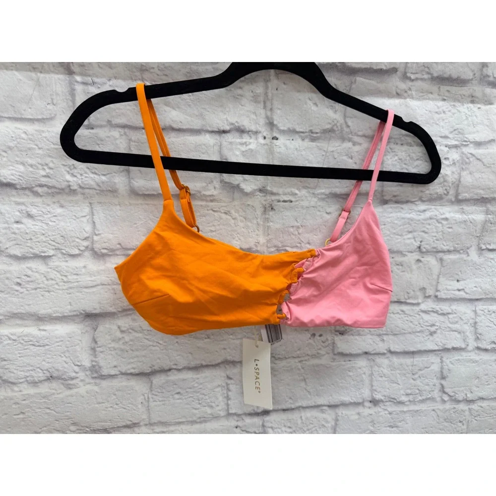 L*Space Solstice Bikini Top Orange Pink Colorblock Ruched Swim Sz S NWT's Beach